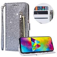 Luxury Glitter Bling Zipper Wallet Phone Case for Samsung Galaxy M40/Galaxy A60, MOIKY Bookstyle PU Leather Flip Folio Magnetic Purse Pockets Credit Card Holder Wrist Strap Case Cover - Silver