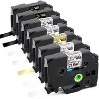 Label Maker Tape, TZe Tape 12mm 0.47 Inch Laminated Black on Clear/White/Gold/Silver+White on Clear/Black+Gold on Black with P Touch Label Maker PT-D200 PT-D210 PT-D400, 26.2 Feet (8m), 7-Pack