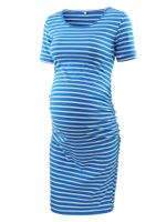 Liu & Qu Women's Maternity Bodycon Ruched Side Dress Casual Short & 3/4 Sleeve Dress for Daily Wearing Or Baby Shower (Blue White Stripe, S)