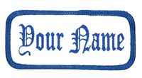 Name Patch Uniform Work Shirt Personalized Embroidered White with Blue Border. Sew on.