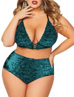 Plus Size Lingerie Set for Women, Sexy Crushed Velvet Mesh Lace Up Halter Bralette & High Waist Panty (Green,XL,325a)