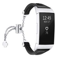fastgo Leather Bracelet Compatible with Fitbit Charge 3/Charge3 SE Bands, Premium Stainless Steel Replacement Wristbands Classy Women Girls Adjustable (Black)