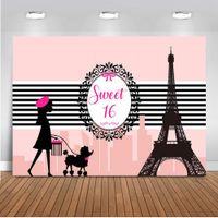 Mehofoto Paris Sweet 16 Backdrop Girl's 16th Birthday Party Photography Background 7x5ft Pink Paris Eiffel Tower 16th Birthday Party Banner Supplies Backdrops