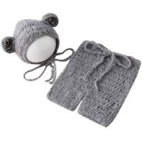 Baby Photography Props Bear Hat Pants Boy Girl Photo Shoot Outfits Newborn Crochet Costume Infant Knitted Clothes Mohair Set (Grey)