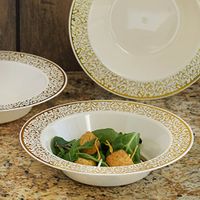 Tableclothsfactory 50 Pcs - Ivory with Gold Trimmed 12oz Round Disposable Plastic Bowl - Lace Design