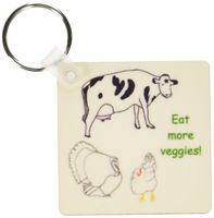 3dRose Painting Drawing of a cow turkey and chicken with the message Eat more veggies - Key Chains, 2.25 x 4.5 inches, set of 2 (kc_77687_1)