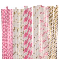 Princess Paper Straw Mix - Gold Foil, Hot Pink, White - Striped, Chevron, Star, Crown (75)
