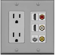 RiteAV - 2 x 15 Amp 125V Power Outlet 3 x RCA - 2 X HDMI and 1 x Coax Cable TV Port Wall Plate Gray