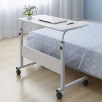 Henf Magazine Snack Table on Wheels, Lifting Laptop Computer Desk Movable C-Shaped Overbed TV Tray, Height Adjustable Breakfast TV Tray Bedside Coffee Table, Wood Desktop with Metal Frame,White
