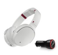 Skullcandy Venue Active Noise Canceling Over-Ear Wireless Bluetooth Headphone Bundle with Anker 2-Port USB Car Charger - White/Crimson