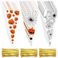 150 Pieces Halloween Cone Bags Halloween Clear Cellophane Bags Pumpkin Treat Bags with 150 Pieces Twist Ties for Halloween Party Supplies