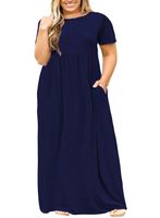 Nemidor Women Short Sleeve Loose Plain Casual Plus Size Long Maxi Dress with Pockets (Navy, 24W)