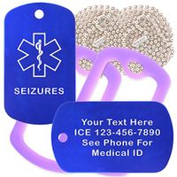 Custom 2 Pack - Seizures Medical Alert ID Necklaces with Blue Custom Tags, Purple Silencers, and 30'' USA Chains