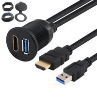 USB HDMI Mount Cable,Yeung Qee USB 3.0 2 Ports Cable and HDMI Flush Mount Car Flush Mount Dash, Pane, Mount Cable for Car, Boat,Motorcycle (6ft)