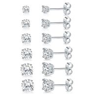 18K White Gold Plated 4 Pong Round Clear Cubic Zirconia Stud Earring Pack of 6 Pairs (6 Pairs)