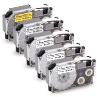 Unismar Replacement for Casio XR-12WE XR-12GD XR-12SR 0.47in Label Tape for Casio KL60 KL-100 KL-120 KL-780 KL-750 KL-7000 KL7400 KL-2000 Label Maker, 1/2" x 26.2', Black on White/Gold/Silver, 5-Pack