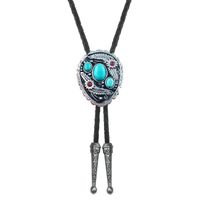 QUKE Blue Natural Turquoise Flower Pattern Bolo Tie Western Cowboy Vintage Handmade Genunie Leather