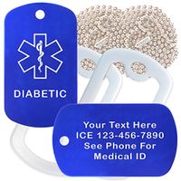Custom 2 Pack - Diabetic Medical Alert ID Necklaces with Blue Custom Tags, White Silencers, and 30'' USA Chains