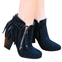Dainzuy Women's Tassel Bootie Sueded Fringe Western Chunky Stacked High Heel Bootie Side ZipThick Short Boots Black
