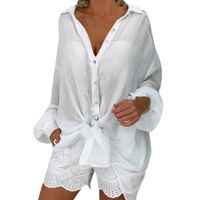 Womens Blouse Loose Women Plus Size Tops Women Casual Lapel Neck T-Shirt Ladies Short Sleeve Buckle Blouse (L, White)
