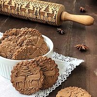 AGUIguo 2 Pcs Embossed Rolling Pin - Christmas Embossing Wooden Rolling Pin for Baking - Engraved Rolling Pin with Reindeer- Christmas Pasta, Cookie Dough, Pastry, Bakery, Pizza, Fondant, Chapat