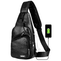 Peicees Leather Sling Bag w/USB Charge Chest Crossbody Backpack Daypack for Men