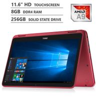 Dell Inspiron 11 3000 Series 2-in-1 11.6" HD Touchscreen Laptop, AMD A9-9420e Dual-Core Processor, 8GB DDR4 RAM, 256GB Solid State Drive, HDMI, USB 3.1, Wi-Fi, Bluetooth, Webcam, Windows 10 Home, Red