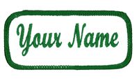 Name Patch Uniform Work Shirt Personalized Embroidered White with Green Border. Iron on.