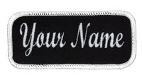 Name Patch Uniform Work Shirt Personalized Embroidered Black with White Border. Hook Fastener.