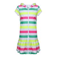 DAYU Girls Terry Ruffle Hem Swim Cover Ups Hooded Zip Front Short Sleeve Swimsuit Coverups, Stripes, 6-6X