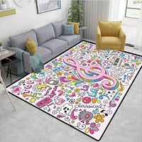 70s Party Decorations Polka Dot Area Rug Non Slip Pad, Music Clef Groovy Psychedelic Doodles Hand Drawn Hippie Symbols Signs, Fashionable High Class Living Bedroom Rugs(2.5'x 7')