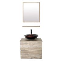 eclife 24" Bathroom Vanity Sink Combo Wall Mounted Natural Cabinet Two Drawers Vanity Set Brown Round Tempered Glass Vessel Sink Top, W/ORB Faucet, Pop Up Drain & Mirror (A09E02AK)