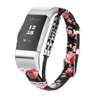 Wearlizer Genuine Slim Leather Bands Compatible with Fitbit Charge 2, Classic Adjustable Replacement Strap Wristband Metal Connectors, Women Man Small Large(Floral-Black Pink)