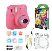 Fujifilm Instax Mini 9 Instant Camera (Flamingo Pink) + 10 Fuji Instant Rainbow Film Sheets + Convenient Instax Clear Case W/ Rainbow Strap + 6-Color Lenses & More