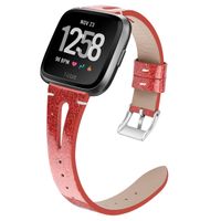 Shangpule Compatible with Fitbit Versa/Versa 2/Versa Lite Edition Bands, Genuine Leather Shiny Bling Replacement Strap Wristband for Versa Smart Watch Women Men Large Small (Shiny Deep Red)