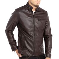 WULFUL Men's Stand Collar Leather Jacket Motorcycle Lightweight Faux Leather Outwear (Coffee, XX-Large)