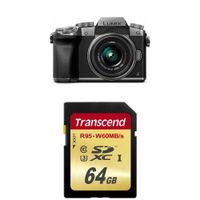 PANASONIC LUMIX G7 4K Mirrorless Camera, with 14-42mm MEGA O.I.S. Lens, 16 Megapixels, 3 Inch Touch LCD, DMC-G7KS (USA SILVER) with Transcend 64 GB  Memory Card