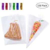 BESTONZON 100 Clear Plastic Rectangle Cellophane Bags + 50 Cone Cello Bags with 160pcs Twist Ties Treat Bags for Cookies Dessert Wedding Decorations