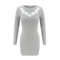 LATINDAY ◆ Women's Sexy Lace Patchwork Dress Long Sleeve Party Club Mini Dresses Gray