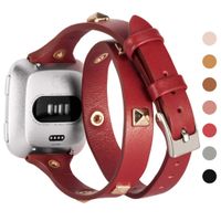 Wearlizer Leather Double Tour Band Compatible with Fitbit Versa/Versa 2 /Versa Lite/Versa SE Women Men,Slim Genuine Leather Rivet Watch Bands Compatible for Fitbit Versa（Red）