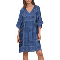 TEVEQ Women Fashion Bohemian Dress Party Print V Neck Plus Size Loose Casual Mini Dress