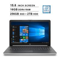 HP 2019 Newest 15.6 Inch HD Laptop (Intel Quad Core i7-8550U up to 4.0 GHz, 16GB RAM, 256GB SSD + 2TB HDD, Intel HD Graphics 620, WiFi, Bluetooth, DVD, HDMI, Windows 10) (Silver)