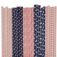 Biodegradable Paper Straws Mix, Light Pink And Dark Blue, Damask Polka Dot Star Diamond (50)