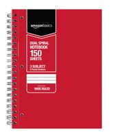 AmazonBasics Wide Ruled Wirebound 3-Subject 150-Sheet Notebook with Pocket Divider - Pack of 6, 10.5 x 8 Inch, Multi-Color