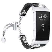 fastgo Leather Bracelet Compatible with Fitbit Charge 3/Charge3 SE Bands, Premium Stainless Steel Replacement Wristbands Classy Women Girls Adjustable (Black/Gray Flower)