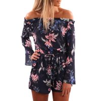 Women Jumpsuit,Jushye Sexy Off Shoulder Floral Print Long Sleeve Jumpsuits Playsuit Rompers (M, Dark Blue)