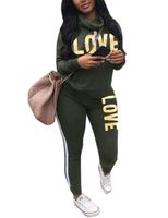 Women's Letter Print 2 Piece Outfit Cowl Neck Long Sleeve Sweatshirt and Pants Joggers Set Tracksuit Army Green X-Large