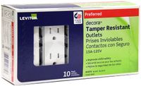 Leviton T5325-WMP 15 Amp 125 Volt, Tamper Resistant, Decora Duplex Receptacle, Straight Blade, Grounding, 10-Pack, White M22-Straight, 125 V, 2 Pole, 3 Wire, 10 pack, 10 Piece