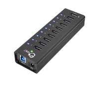 SIIG 10 Port USB Hub with 9 USB 3.0 Data ports and 1 charging port, 12V/5A Power Adapter, for Tablets, Smartphones, Hard Disk