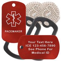 Custom 2 Pack - Pacemaker Medical Alert ID Necklaces with Red Custom Tags, Black Silencers, and 30'' USA Chains
